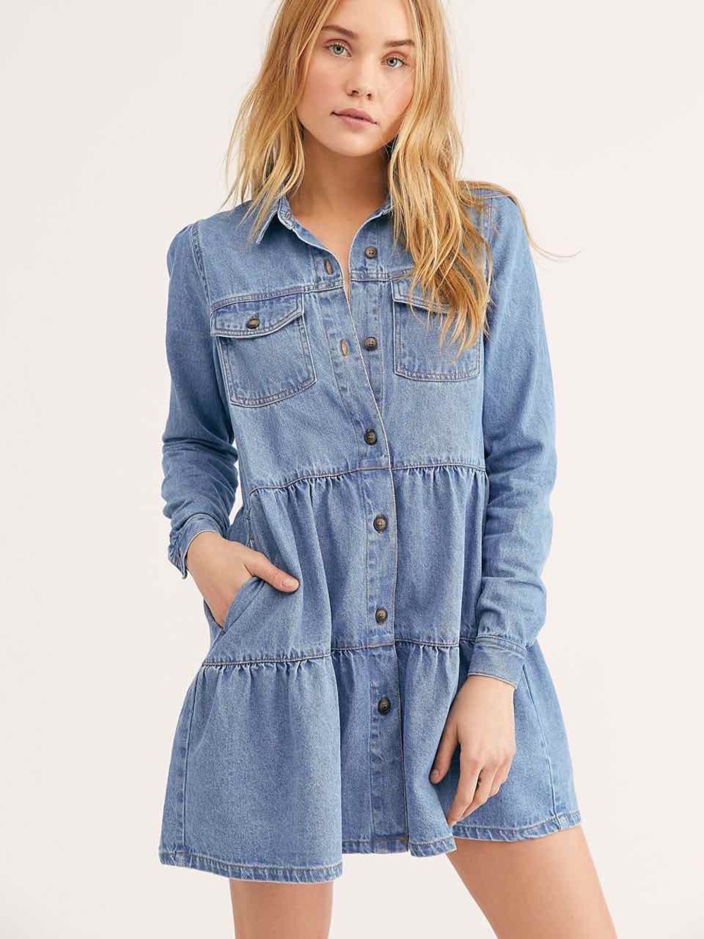 Free People Nicole Denim Shirtdress Light Wash Denim Button-Front Tiered Dress